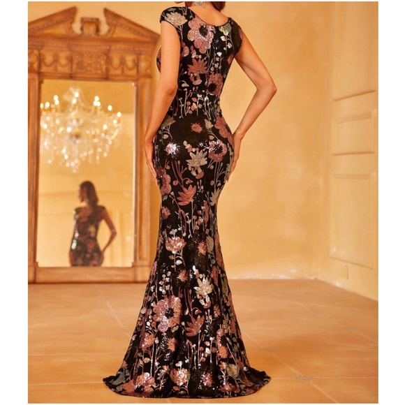 Luxe Floral Sequin Mermaid Hem Wedding Evening Formal Dress - Picture 8 of 8